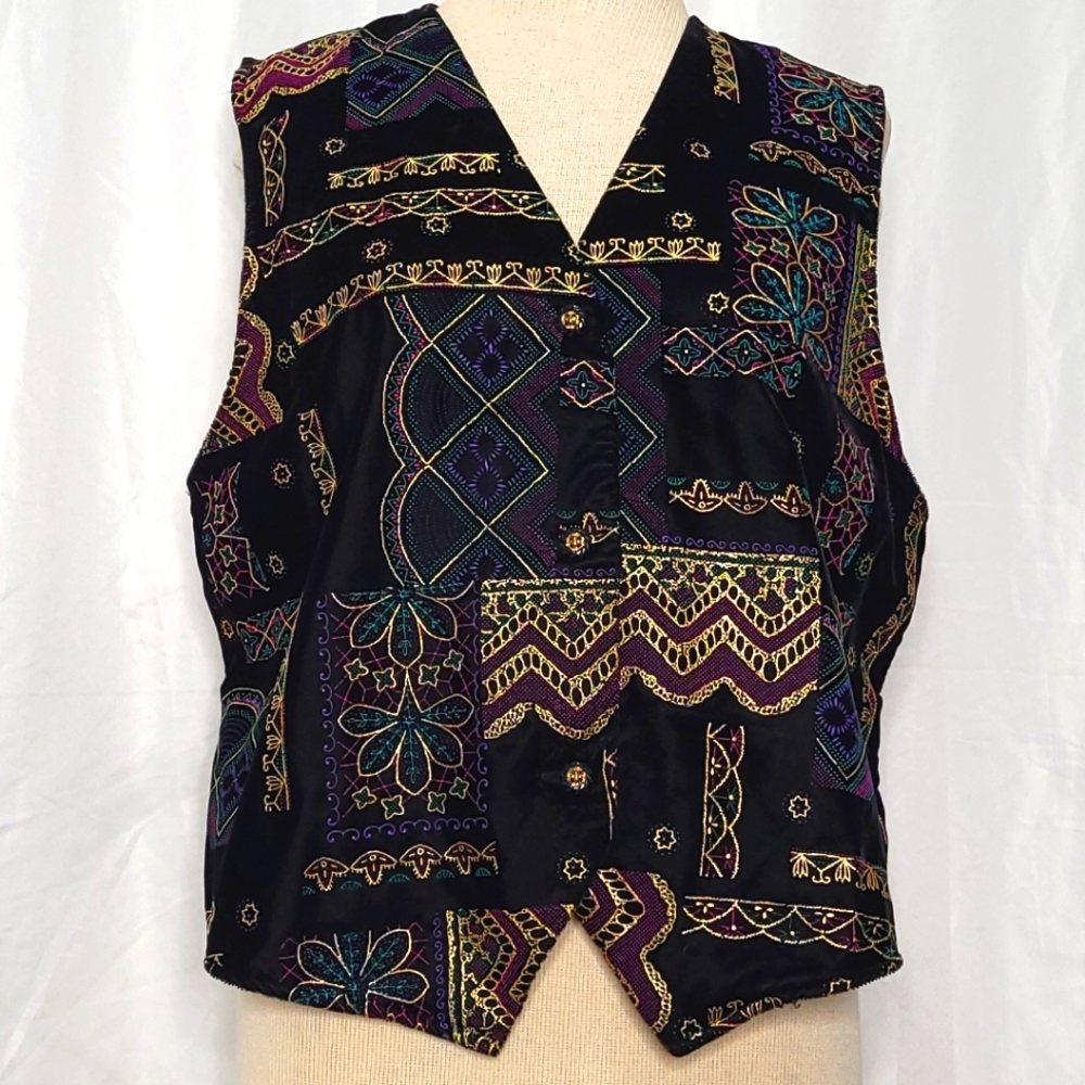 Vintage 90s G7 Karol Place Black Velvet Patterned Tie In The Back Vest Size Larg